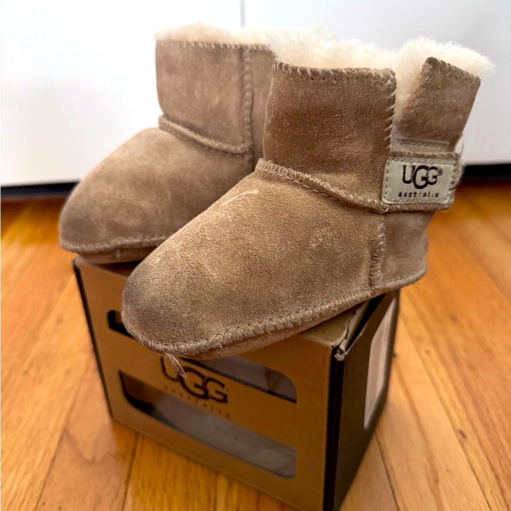 Chestnut beige suede and sheep shearling Erin booties from UGG Kids.